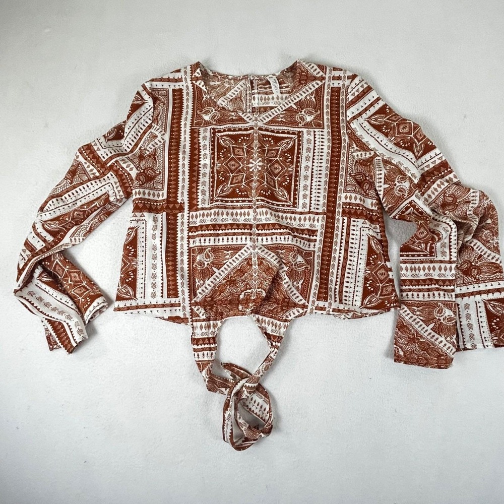 L Love Tie Front Top Women Medium Orange Geometric Boho Festival